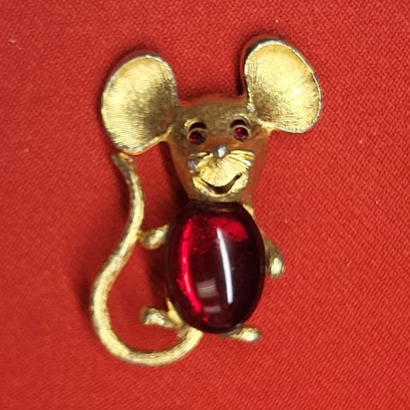 VTG Park Lane Gold Tone Mouse Brooch Pin Jelly Belly Red Eyes - Picture 9 of 12